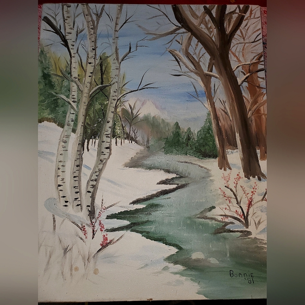 Tranquil Winter Stream with Birch Trees Painting